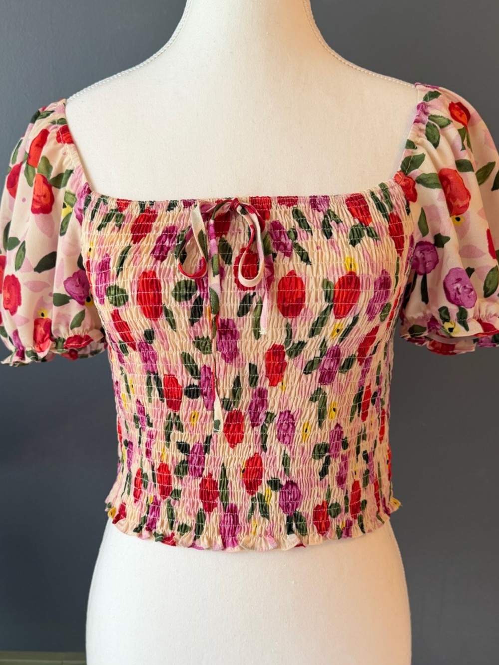 TCEC Pink Floral Smocked Square-Neck Crop Top